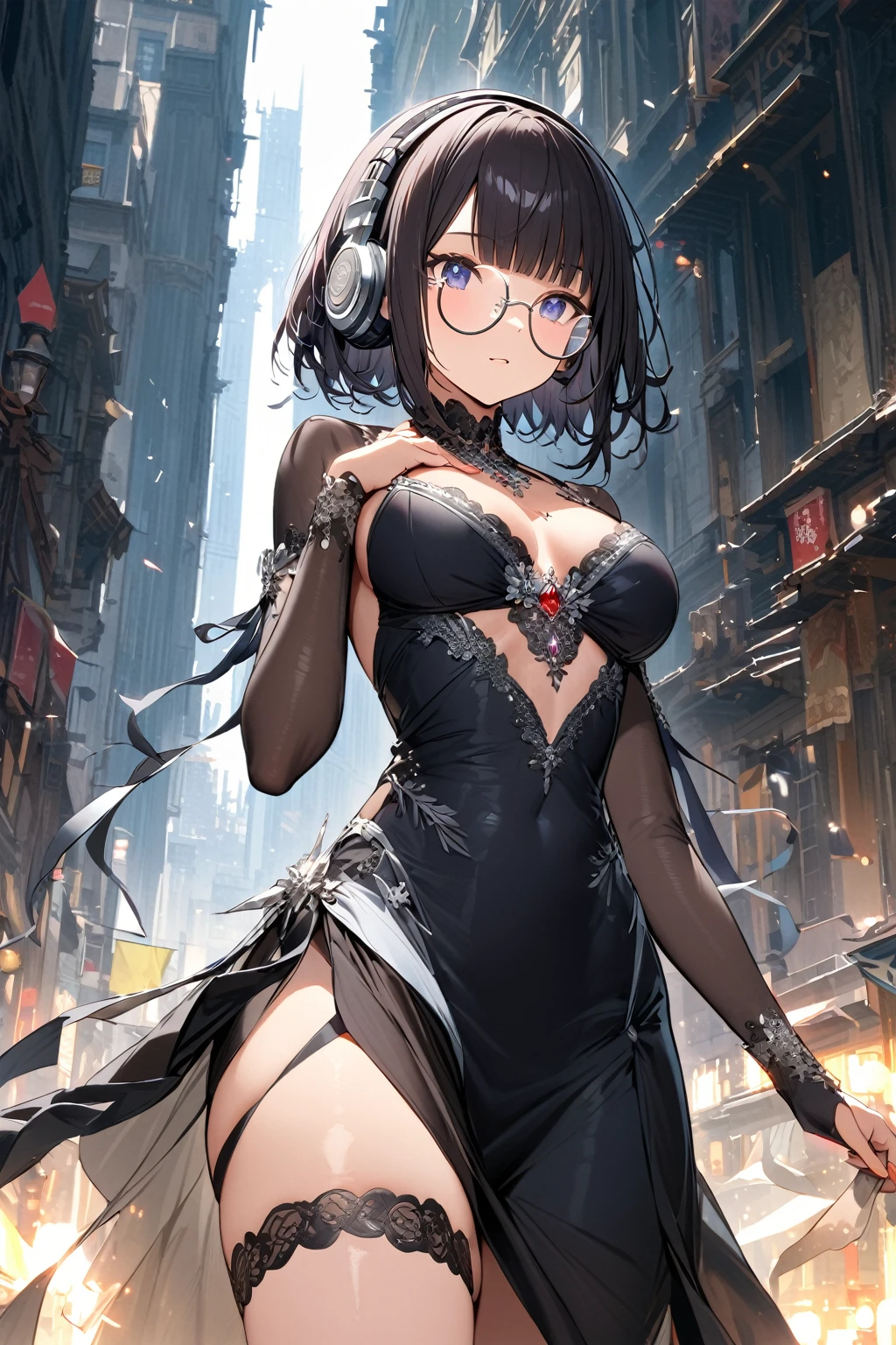 (extremely detailed fine touch:1.3), (((silver semi-rimless round eyewear:1.3))), (wear silver headphones:1.2), black short hair, blunt bangs, 1girl, 2.5d face, cowboy shot, glistening skin, sexy pause, hand on own chest, extremely detailed elegant hair ornament, extremely detailed elegant black dress, medium breasts, clavicle, cleavage, extremely detailed simple white elegant background