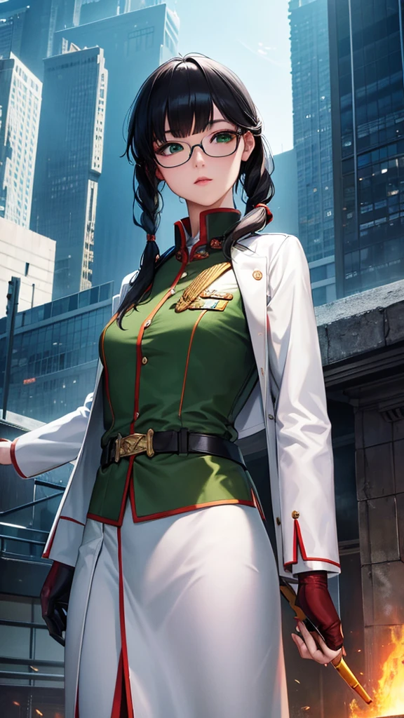 (highest resolution),(beautiful picture),sci-fi movie poster,(สไตล์ภาพscience fiction),(best quality),(Masterpiece),(Highly detailed),((semi-realistic)), Maximum face resolution, adult, woman,east asian people, small, black hair,(Bangs) double braid hairstyle, smooth, green eyes,red glasses,(high class military uniform),long skirt,white coat,future,science fiction
