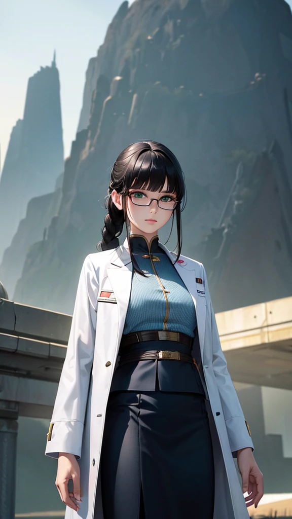 (highest resolution),(beautiful picture),sci-fi movie poster,(สไตล์ภาพscience fiction),(best quality),(Masterpiece),(Highly detailed),((semi-realistic)), Maximum face resolution, adult, woman,east asian people, small, black hair,(Bangs) double braid hairstyle, smooth, green eyes,red glasses,(high class military uniform),long skirt,white coat,future,science fiction
