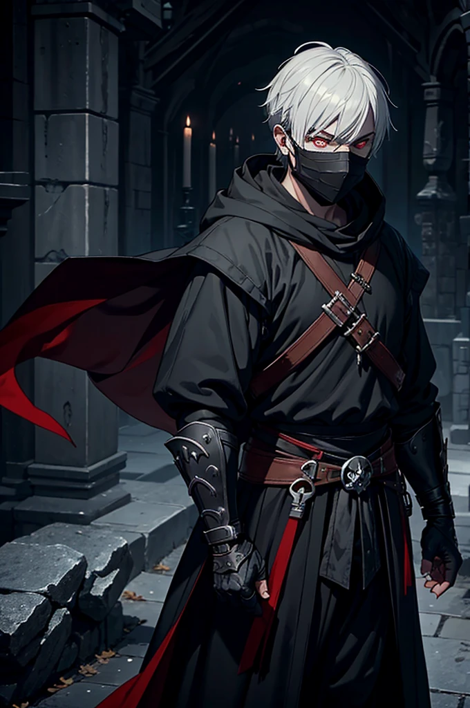 An assassin, male, fantasy character, physically strong, wearing a skull mask covering his face and eyes, dressed in black medieval attire, with a white hooded cloak over it, gray hair, short hair, red eyes, holding a dagger, nighttime background.