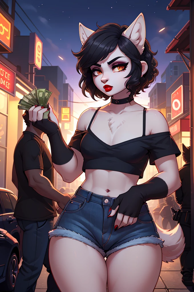 best quality, ultra-detailed, best illustration, masterpiece, high res (1girl:1.3), (solo), (perfect anatomy) (perfect face), wolf and sheep hybrid, (black hair), (black wool), (curly short hair), fair skin, ambiguous gender, (1boy1girl), flat chest, wide hips, thick thighs, (blue jean mini shorts), (prostitute), ((red tiny top)), yellow glowing in the dark eyes, angry, androgynous, (long eyebrows), ((deep red lipstick)), ((black eyeshadow)), sexy pose, in a street full of people, ((talking to someone inside a car)), ((grabbed by an taller unknown man from behind)), ((money in her hands)), (((butt against a man crotch)))
