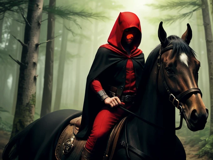 A young evil elf with black clothes and a red hood on his black horse with red eyes .casting a spell over the forest 
