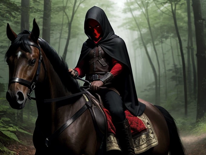 A young evil elf with black clothes and a red hood on his black horse with red eyes .casting a spell over the forest 