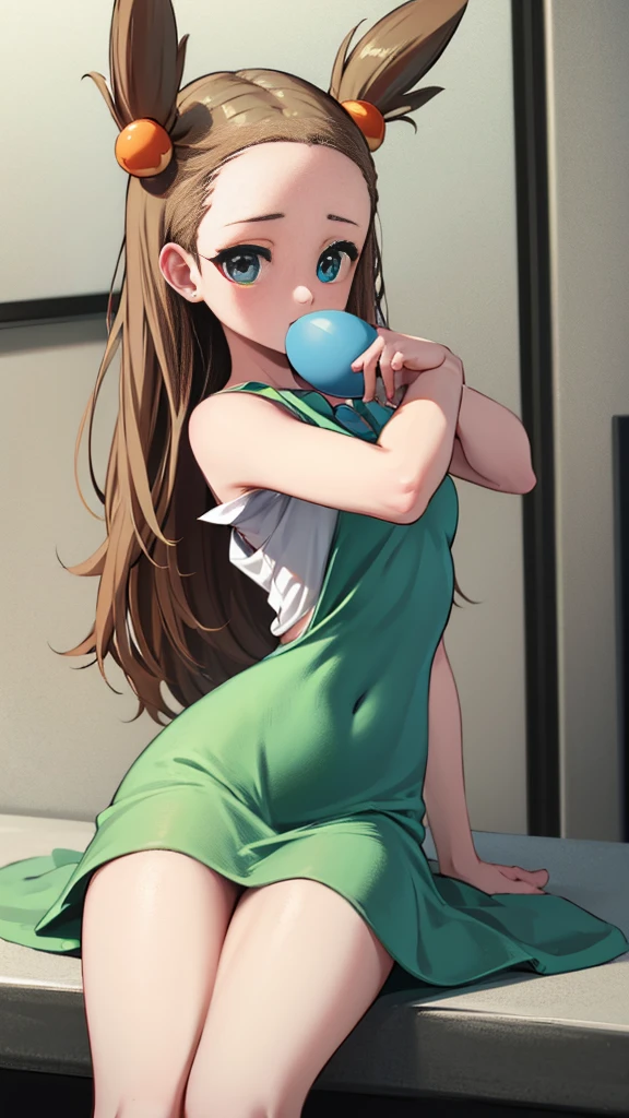 pokemon Jasmine ,pokemon Jasmine brown eyes, For coffee, with two buns, by the wide (medium breasts:1.2),
 green dress, Red bow, BREAK open white blouse looking at viewer,
BREAK (masterpiece:1.2), Best Quality, High resolution, unity wallpaper 8k, (illustration:0.8), (beautiful detailed eyes:1.6), extremely detailed face, perfect lighting, Extremely detailed CG, (perfect hands, perfect anatomy),( with a Pokeball in hand)