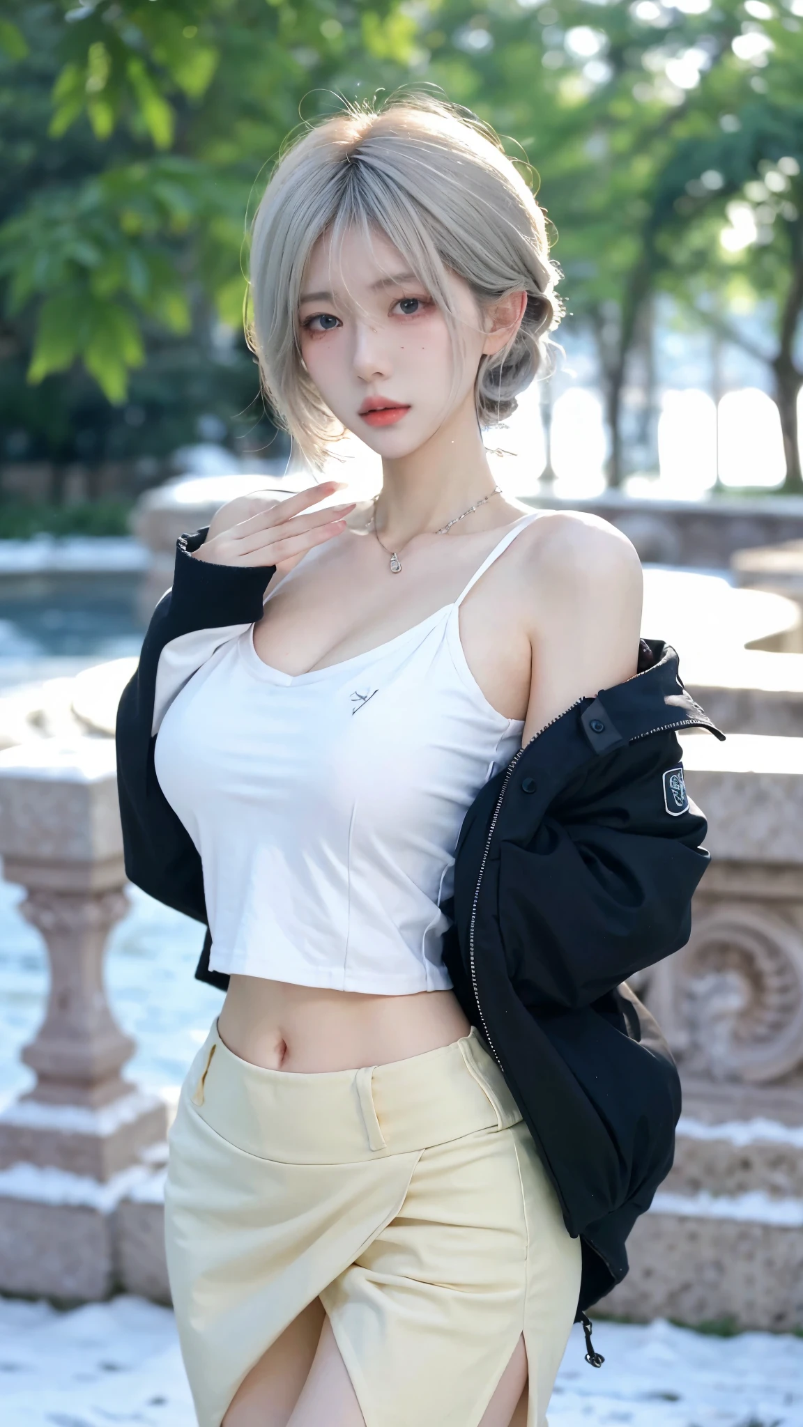 Beautiful woman with perfect figure:1.4,snow,Touching butt with both hands,snow背景,Layered Hairstyle,White skin,Prominent cleavage,Pleated Skirt,whole body,Very delicate face and skin texture,Double eyelids,Skin Whitening,Long white hair