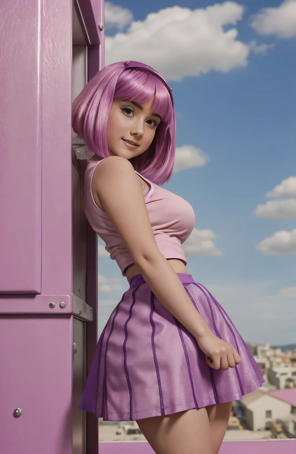 (((Girl 13 years old))) ,sexy girl, purple minskirt and lace stockings, Stephanie from lazy town high quality ,pinkies Hair,((skirtlift)), curvy, deep cleavage, big breasts, high quality, is,