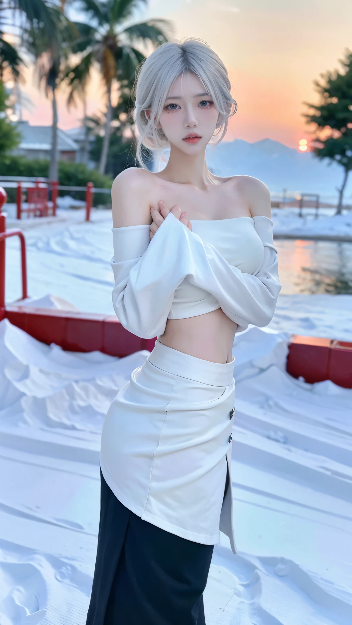 Beautiful woman with perfect figure:1.4，snow，Touching butt with both hands，snow背景，Layered Hairstyle，White skin，Prominent cleavage，Pleated Skirt，whole body，Very delicate face and skin texture，Double eyelids，Skin Whitening，Long white hair