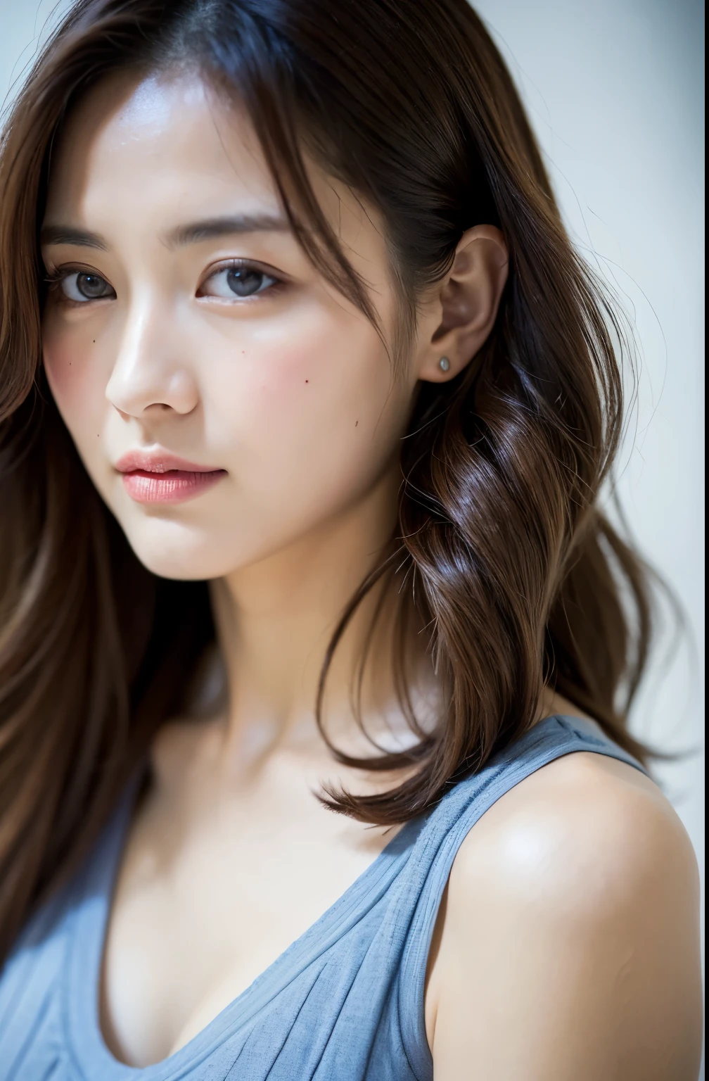 ((Highest quality, 8k, masterpiece :1.3)), One girl, Very fine skin、profile、Looking at the camera、Dynamic Lighting、Close-up of face、Beautiful woman with slim abdominal muscles :1.3, (Random Hairstyles, Huge breasts :1.2), Casual clothing :1.2 Highly Detailed Faces, Fine grain, double eyelid、Japanese women
