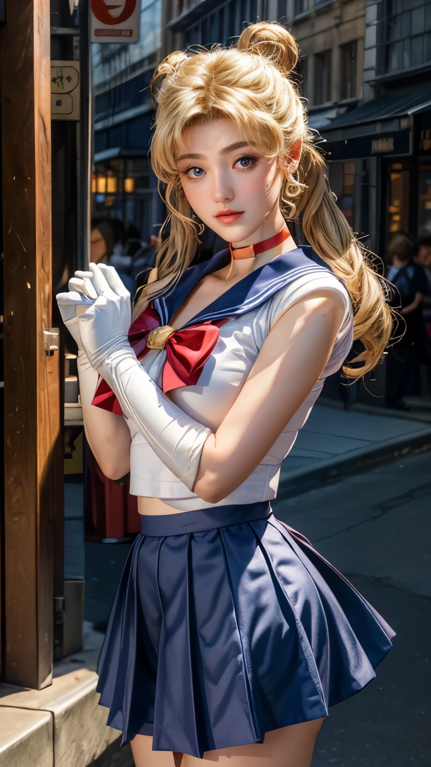 (masterpiece, best quality:1.2), (realistic, photo-realistic:1.4), RAW photo, high resolution, extremely detailed, intricate details, realistic and sharp details, cinematic lighting, portrait, frontal photography, (sailor moon, tsukino usagi, aausagi), solo, 1girl, a woman, cute face, baby face, ( sailor senshi uniform:1.2), (seductive pose:1.2), (huge breasts, round breasts:1.5), (long hair, blonde hair, double bun, twintails:1.6), (elbow-gloves, white-gloves, darkblue-collar, lowcut-skirt, short skirt, darkblue-miniskirt, circlet, red-choker, jewelry, red-bowtie, red-boots:1.5), (detailed face, detailed eyes, beautiful pupils, sophisticated nose), pale skin, fine-textured skin,
photo background, outdoors, sidewalk, daytime,