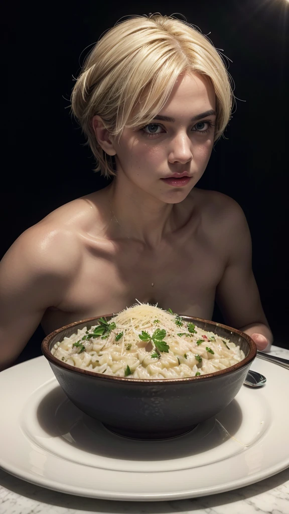 a detailed photorealistic image of a delicious creamy risotto dish, perfectly plated, steaming hot, with al dente arborio rice, fresh parmesan cheese, parsley garnish, glistening olive oil, dramatic lighting, high contrast, mouthwatering, culinary masterpiece, 8k, hyperrealistic, professional food photography, studio lighting