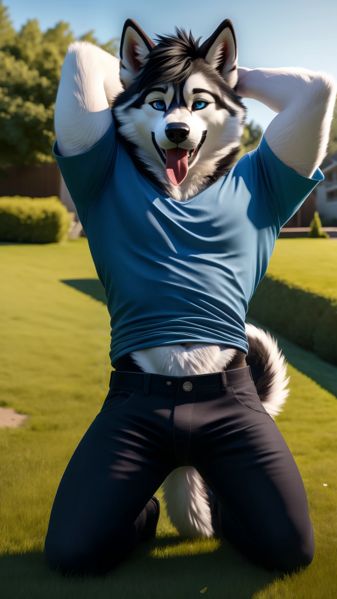 Sexy Posing, male, 30 years old, cute, eyeliner, short black hair, mouth hanging open with tongue out, blue shirt, bedroom eyes, anthro, dog ears,husky dog, front yard background, 8k, hi res, (best quality, masterpiece), blue eyes, lyng in on the grass, husky tail, black jeans