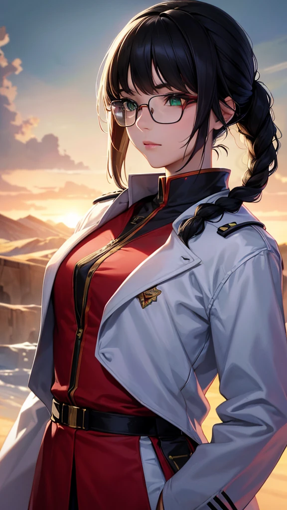(highest resolution),(beautiful picture),sci-fi movie poster,(สไตล์ภาพscience fiction),(best quality),(Masterpiece),(Maximum face detail),((semi-realistic)), Maximum face resolution, adult, woman,east asian people, small, black hair,(Bangs) double braid hairstyle, smooth, green eyes,red glasses,(high class military uniform),long skirt,white coat,future,science fiction