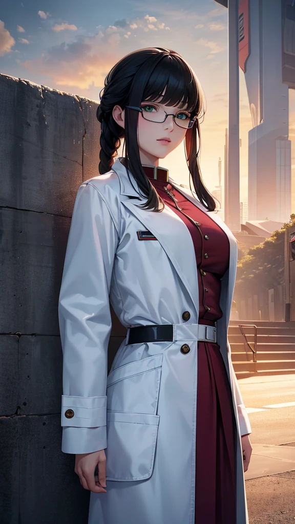(highest resolution),(beautiful picture),sci-fi movie poster,(สไตล์ภาพscience fiction),(best quality),(Masterpiece),(Maximum face detail),((semi-realistic)), Maximum face resolution, adult, woman,east asian people, small, black hair,(Bangs) double braid hairstyle, smooth, green eyes,red glasses,(high class military uniform),long skirt,white coat,future,science fiction