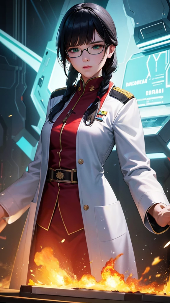 (highest resolution),(beautiful picture),sci-fi movie poster,(สไตล์ภาพscience fiction),(best quality),(Masterpiece),(Maximum face detail),((semi-realistic)), Maximum face resolution, adult, woman,east asian people, small, black hair,(Bangs) double braid hairstyle, smooth, green eyes,red glasses,(high class military uniform),long skirt,white coat,future,science fiction