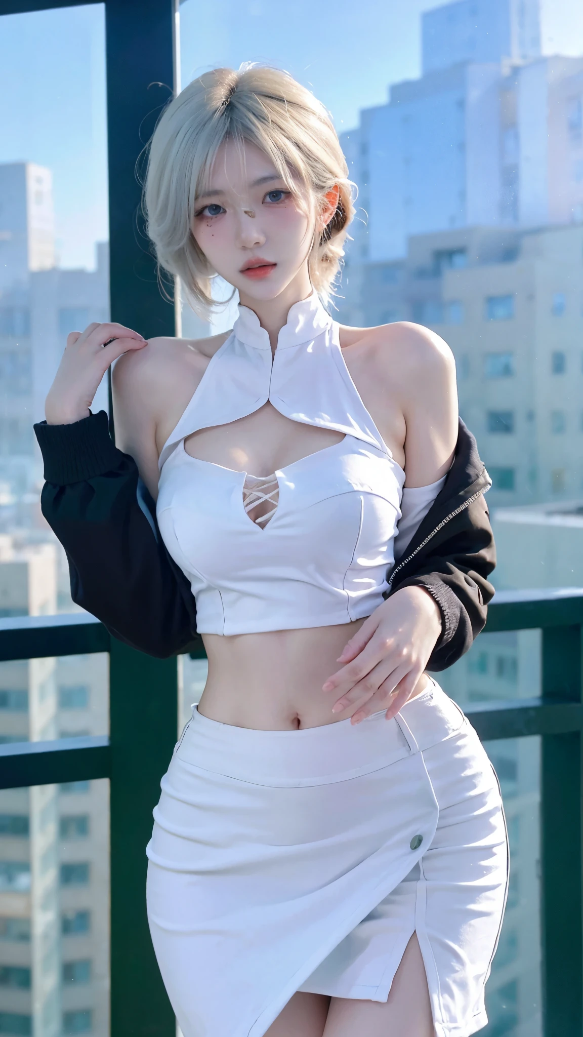 Beautiful woman with perfect figure:1.4，snow，Touching butt with both hands，snow背景，Layered Hairstyle，White skin，Prominent cleavage，Pleated Skirt，whole body，Very delicate face and skin texture，Double eyelids，Skin Whitening，Long white hair