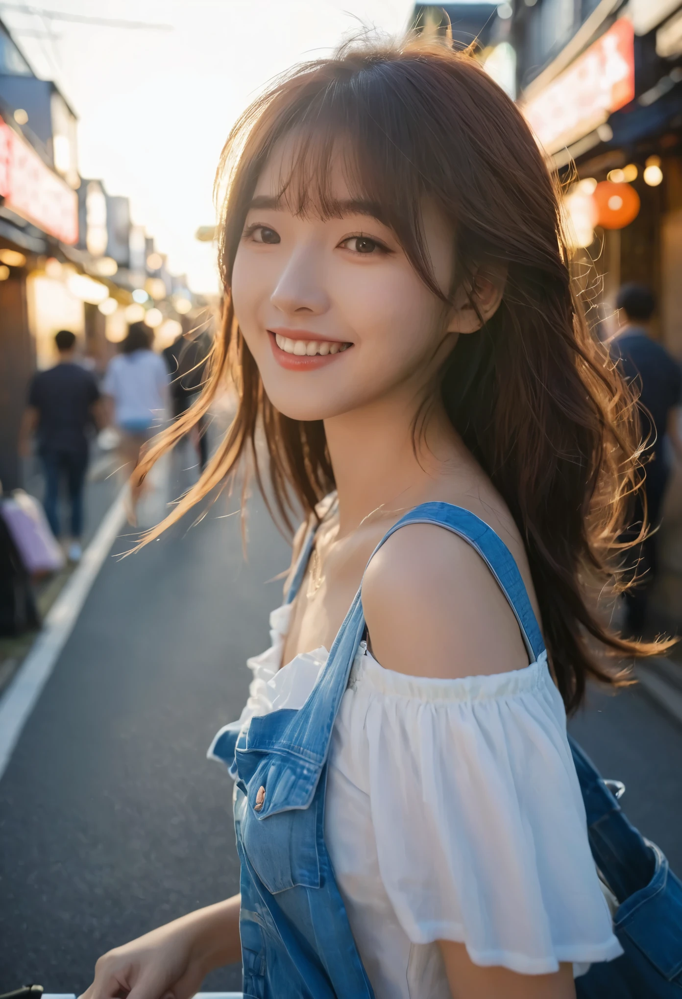 (best quality,high resolution),Cute girl, Naughty smile,  Cinematic light and shadow，Movie Scenes，Japan Street Scene，Selfie