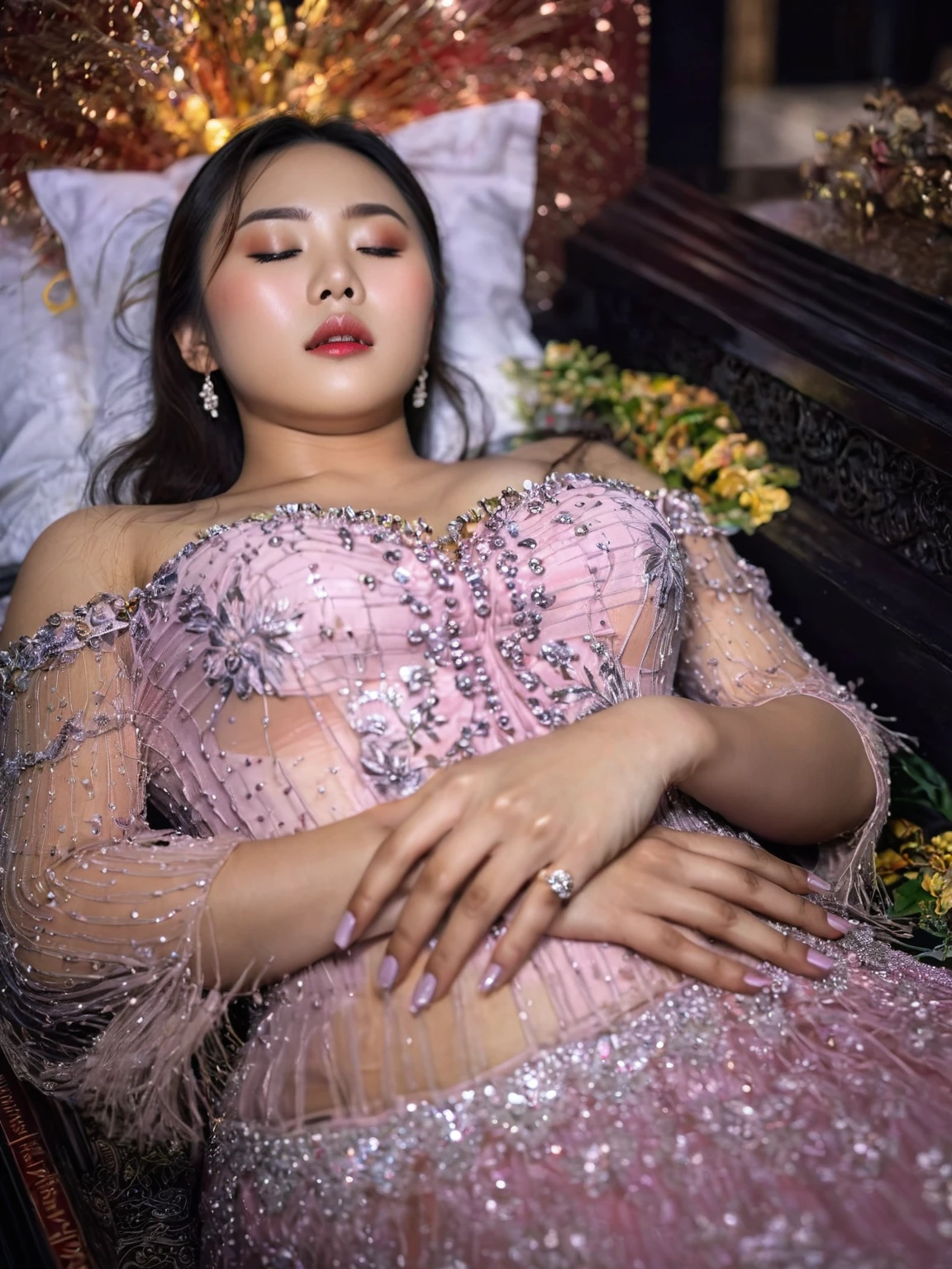 In a striking 8K HDR scene, a stunning Korean woman, 22 years old, lies peacefully in a black coffin surrounded by plush pillows. The deep box is set against a rich black background, accentuating the beauty of the subject. Her exquisite deep-V neckline kebaya attire is embroidered with superb detail, showcasing her round and firm breasts, perfect cleavage, and beautiful eyebrows. Her closed eyes and mouth give an air of serenity, while her visible and absolute cleavage leave nothing to imagination. The scene is bathed in saturated colors, highlighting every intricate aspect from the ball skirt to her clean face, straight body, detailed hand perfect hands, straight body, own hands together, own hand on stomach, detailed hands, perfect hands.