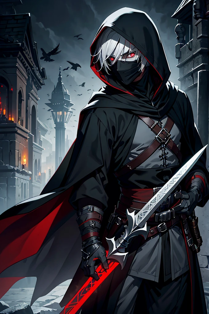 An assassin, male, fantasy character, physically strong, wearing a skull mask covering his face and eyes, dressed in black medieval attire, with a white hooded cloak over it, gray hair, short hair, red eyes, holding a dagger, nighttime background.
