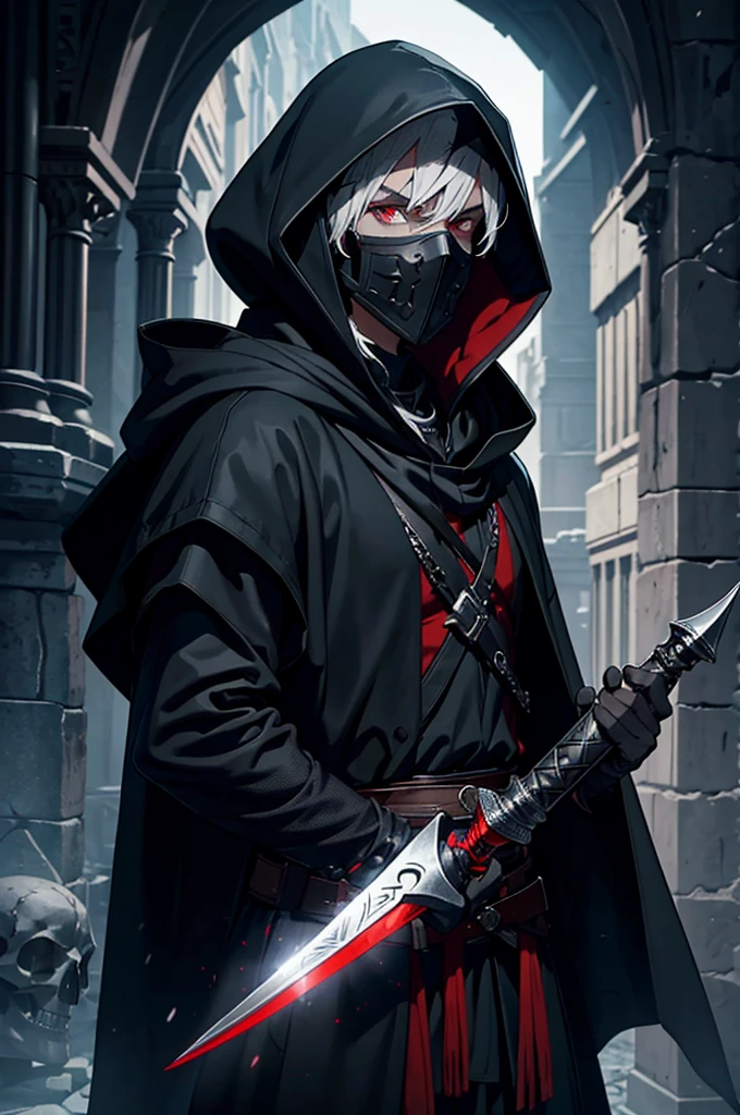 An assassin, male, fantasy character, physically strong, wearing a skull mask covering his face and eyes, dressed in black medieval attire, with a white hooded cloak over it, gray hair, short hair, red eyes, holding a dagger, nighttime background.