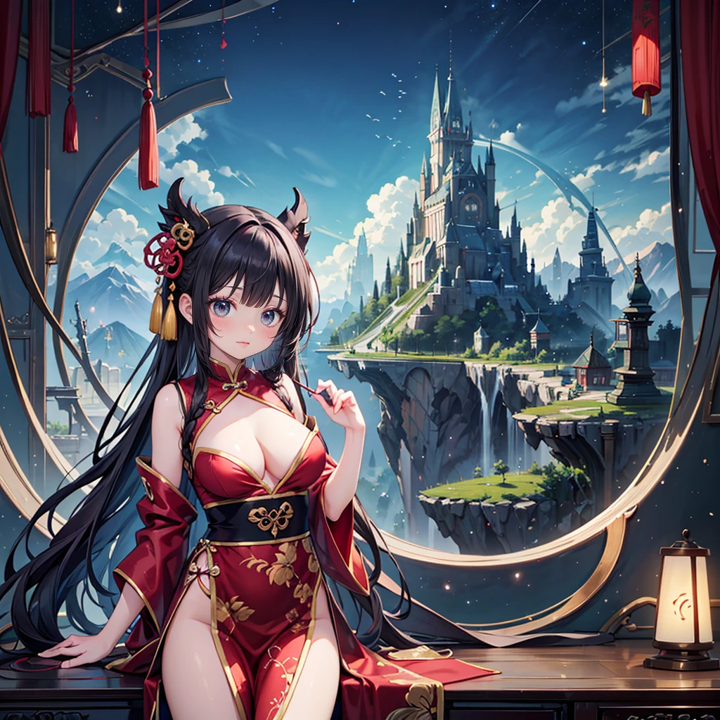 solo, 1 beautiful girl wearing chinese fantasy clothes, posing,  stunning beautyfull fantasy world background, panorama view