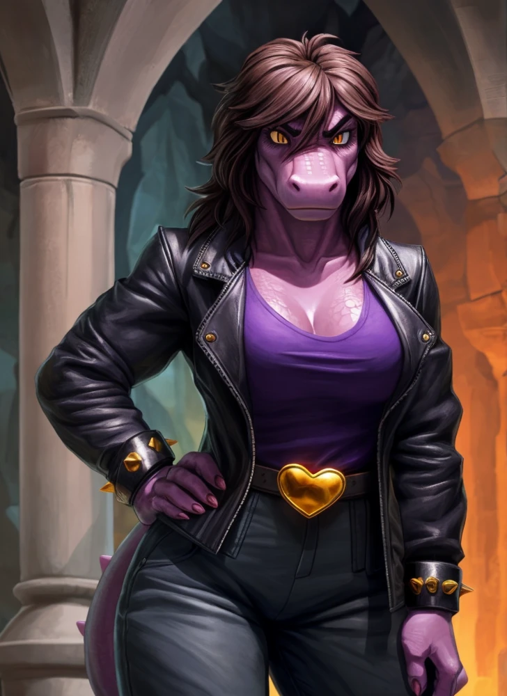 [susie], [participant rune], [Uploaded to E621.child; (pixel artist), (wamudraws), (work)], ((masterpiece)), ((High Definition)), ((high quality)), ((solo portrait)), ((Front view)), ((scales; the second)), ((detailed skin)), ((detailed shading)), ((beautiful rendering art)), ((intricate details)), {the second dinosaur; (athletic figure), purple scales, (reptile snout), pretty yellow eyes, (black pupils), (bags under the eyes), (Short eyelashes), (long thick brown hair), lizard long tail, (beautiful hips), (muscular legs), (angry), (frown)}, {(black leather jacket), (address shirt), (neckline), (hot pink baggy pants), (black boots), (gold heart shaped belt buckle), (pointed bracers)}, {(standing), (arms at the side), (looking at the viewer)}, [bottom; (dark purple cave), (cave), (remains), (Ambient lighting)(200 cm size breasts), ]