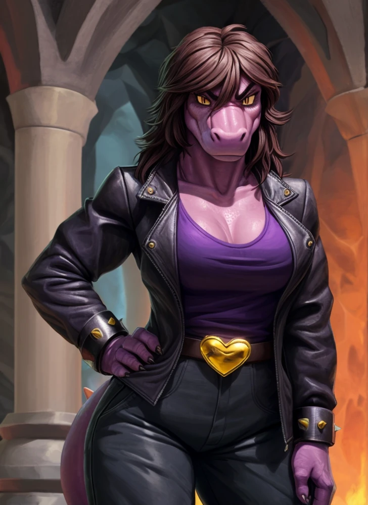 [susie], [participant rune], [Uploaded to E621.grandchild; (pixel artist), (wamudraws), (work)], ((masterpiece)), ((High Definition)), ((high quality)), ((solo portrait)), ((Front view)), ((scales; the second)), ((detailed skin)), ((detailed shading)), ((beautiful rendering art)), ((intricate details)), {the second dinosaur; (athletic figure), purple scales, (reptile snout), pretty yellow eyes, (black pupils), (bags under the eyes), (Short eyelashes), (long thick brown hair), lizard long tail, (beautiful hips), (muscular legs), (angry), (frown)}, {(black leather jacket), (address shirt), (neckline), (hot pink baggy pants), (black boots), (gold heart shaped belt buckle), (pointed bracers)}, {(standing), (arms at the side), (looking at the viewer)}, [bottom; (dark purple cave), (cave), (remains), (Ambient lighting)(200 cm size breasts), ]