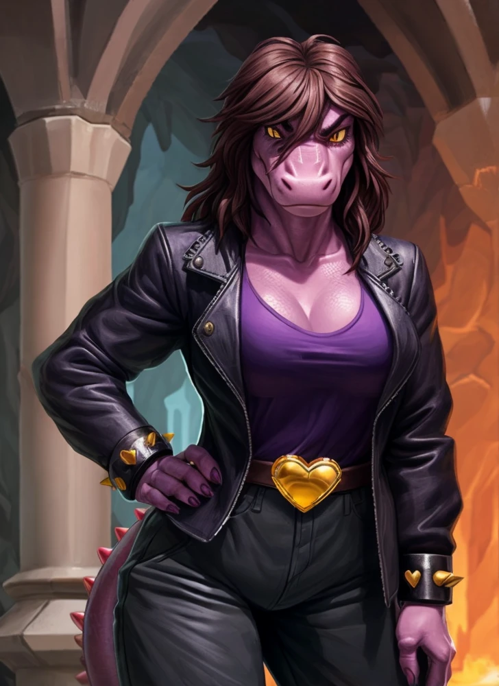 [susie], [participant rune], [Uploaded to E621.grandchild; (pixel artist), (wamudraws), (work)], ((masterpiece)), ((High Definition)), ((high quality)), ((solo portrait)), ((Front view)), ((scales; the second)), ((detailed skin)), ((detailed shading)), ((beautiful rendering art)), ((intricate details)), {the second dinosaur; (athletic figure), purple scales, (reptile snout), pretty yellow eyes, (black pupils), (bags under the eyes), (Short eyelashes), (long thick brown hair), lizard long tail, (beautiful hips), (muscular legs), (angry), (frown)}, {(black leather jacket), (address shirt), (neckline), (hot pink baggy pants), (black boots), (gold heart shaped belt buckle), (pointed bracers)}, {(standing), (arms at the side), (looking at the viewer)}, [bottom; (dark purple cave), (cave), (remains), (Ambient lighting)(200 cm size breasts), ]