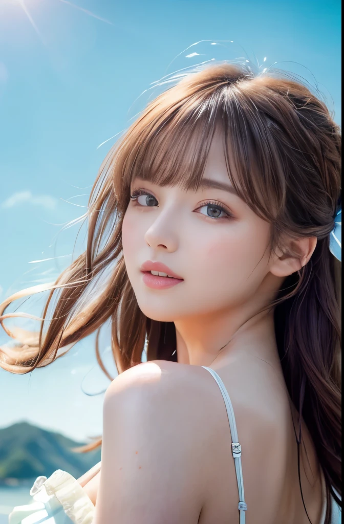(Ultra high definition, 8k Raw Photo:1.5, Highest quality, masterpiece:1.2),(Highest quality:1.0), (Ultra-high resolution:1.0), watercolor, Beautiful woman, Soft skin texture, Soft and fluffy lips, shoulder, Hair Ribbon, Half Body Portrait, Very bright and luminous design, pastel colour, (ink:1.3), Summer sunshine, Lens flare,