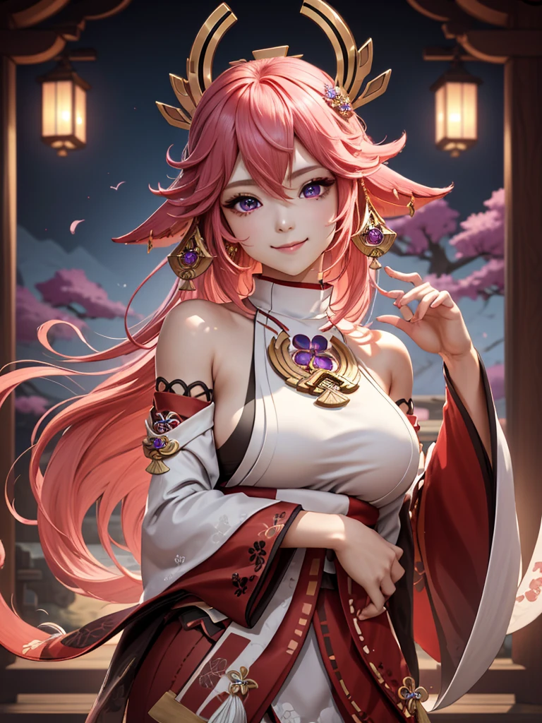 (masterpiece, best quality:1.2), solo, 1girl, yae miko, smile, looking at viewer, hand on own chest, hair ornament, japanese clothes, sideboob, detached sleeves, wide sleeves, jewelry, earrings, bare shoulders