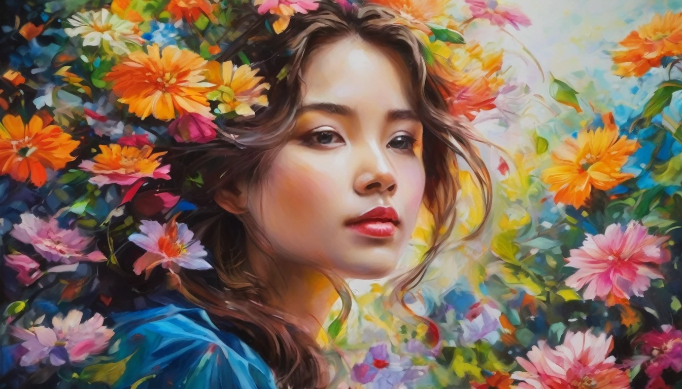 Girl In The Flower, colorful, ภาพวาดoil color, crazy color, oil color, High quality, Highly detailed