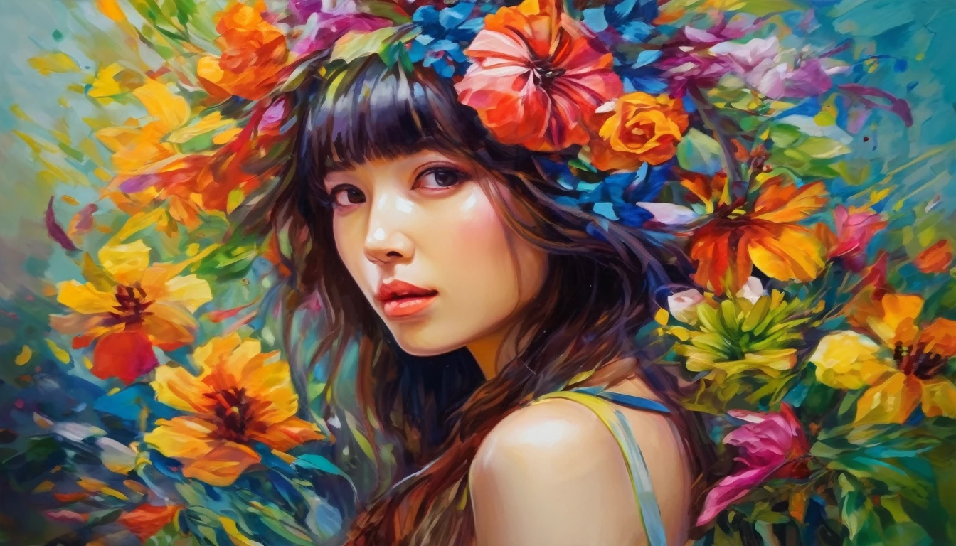 Girl In The Flower, colorful, ภาพวาดoil color, crazy color, oil color, High quality, Highly detailed
