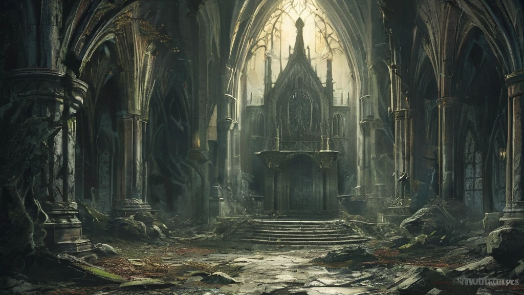 A majestic yet eerie medieval cathedral stands, shadowy forest. with many stones cracked and weathered by centuries of neglect. Tall, stained-glass windows, some shattered and others clouded with age, faintly glimmer with ghostly light. Sunlight barely penetrates the thick canopy of twisted, gnarled trees that encircle the clearing, casting an otherworldly glow on the structure. The forest floor is littered with fallen leaves, twisted roots, and crumbling stone, adding to the sense of age and abandonment. The cathedral’s spires, now partially collapsed, reach skyward, piercing through the gloom as if seeking escape from the oppressive darkness. Flickering will-o'-the-wisps hover near the entrance, illuminating the worn, uneven steps and casting long, wavering shadows. Inside, the pews are coated with thick dust, and ancient, arcane symbols are faintly visible, etched into the crumbling stone walls. The air is thick with an unsettling silence, broken only by the distant calls of unseen creatures, creating a haunting atmosphere in this dark fantasy setting