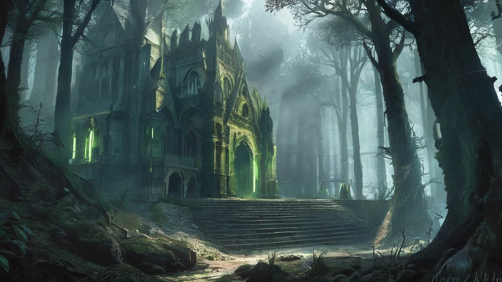 A majestic yet eerie medieval cathedral stands, shadowy forest. with many stones cracked and weathered by centuries of neglect. Tall, stained-glass windows, some shattered and others clouded with age, faintly glimmer with ghostly light. Sunlight barely penetrates the thick canopy of twisted, gnarled trees that encircle the clearing, casting an otherworldly glow on the structure. The forest floor is littered with fallen leaves, twisted roots, and crumbling stone, adding to the sense of age and abandonment. The cathedral’s spires, now partially collapsed, reach skyward, piercing through the gloom as if seeking escape from the oppressive darkness. Flickering will-o'-the-wisps hover near the entrance, illuminating the worn, uneven steps and casting long, wavering shadows. Inside, the pews are coated with thick dust, and ancient, arcane symbols are faintly visible, etched into the crumbling stone walls. The air is thick with an unsettling silence, broken only by the distant calls of unseen creatures, creating a haunting atmosphere in this dark fantasy setting