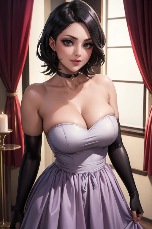 light purple dress, strapless dress, long white elbow gloves, smile, red lipstick,light dark purple eye shadow, makeup, black choker