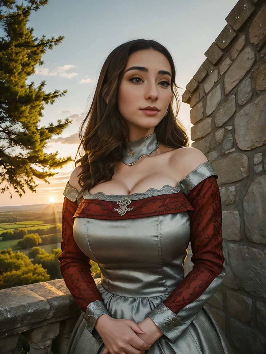 Beautiful and regal, imperious and aloof, busty athletic (thin) brunette queen with sharp facial features wearing a modest updo, dark red medieval dress, long sleeves, intricate patterns, embroidery, wide neck, crown, veil, long dress, modest dress, tight bodice, silver (waist chain), medieval jewelry, Middle Ages, castle, rampart, wall, exterior, on top of a castle wall, trees, countryside, evening, sunset.