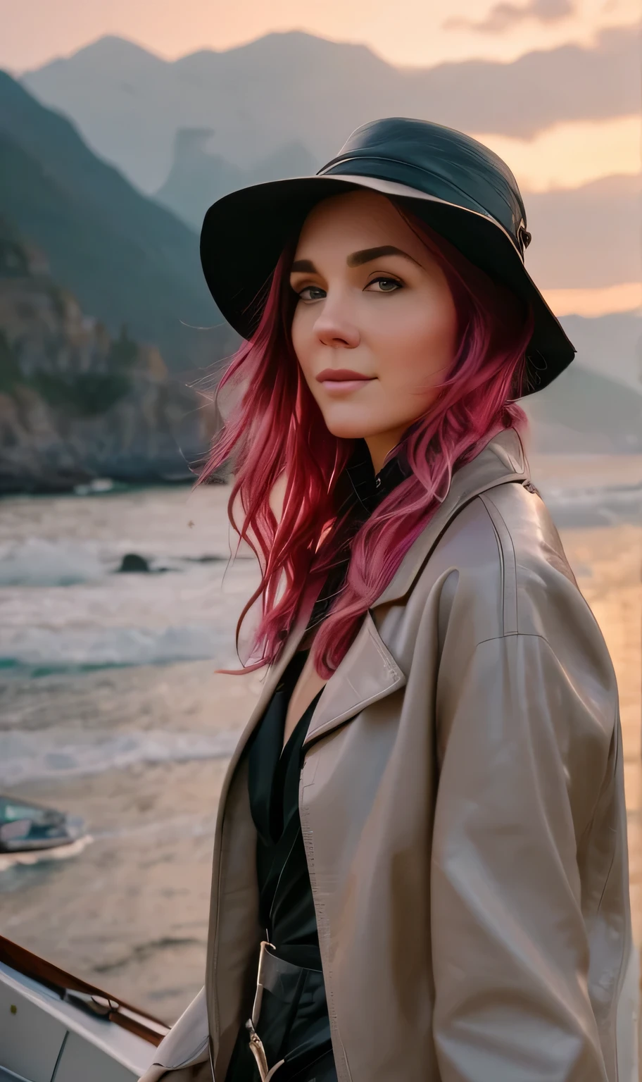 Professional photography Kate plays Anna Valerius in the movie "Van Helsing", with pink hair, wearing a long black leather coat and leather trousers, with a striking posture, sunglasses, leaning on the boat, the calm background of the coastline with the majestic mountains forms a striking contrast stands out on the horizon. The gentle waves crashing against the boat and the warm setting sun create a serene atmosphere, the lighthouse visible in the distance.