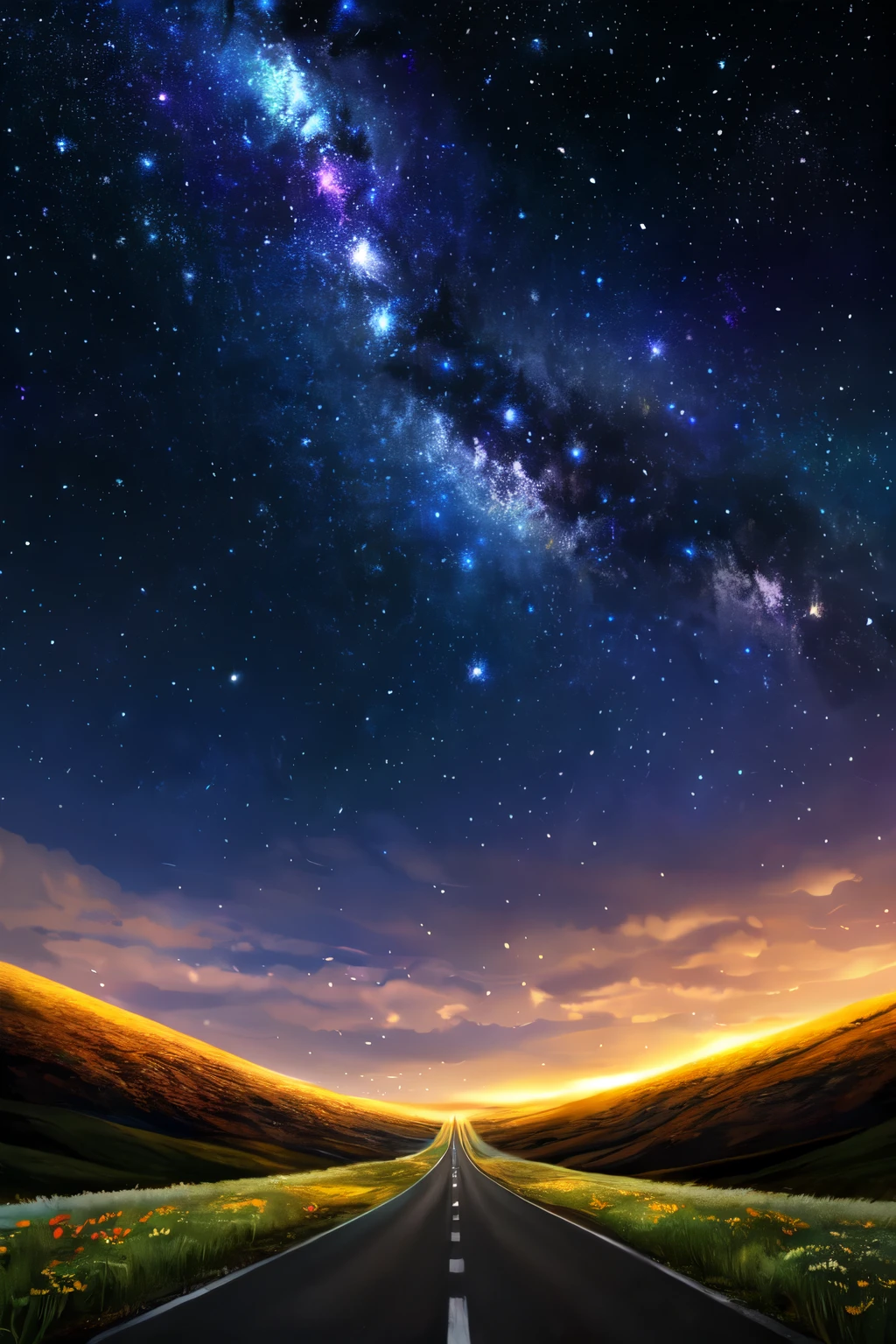((Highest quality)), ((masterpiece)), (detailed), night,A starry sky,Colorful shining stars,Fantasy,There is also a satellite,The ground is vast as far as the eye can see,The road winds along,grassland,The flowers at night are beautiful,