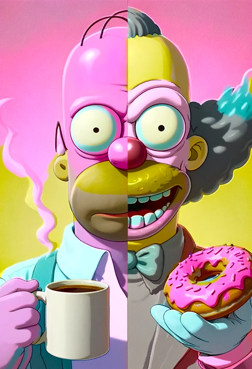 neon, simpsons, nightmare, no light source, darkness, shades of dark colors, bold darkness, homer simpson duality, half and half krusty the clown, hybrid mutant, one creature homer and krusty, split, eating a frosted pink glazed doughnut, doughnut showcase, mug of steaming coffee, film screengrab, hand drawn blend amblinanimation and simpsons hand drawn cartoon, minimal, serene, perfect, strange, candid, cinematic, surreal, realism, photographed, timeless, lost in space, liminal, blank canvas, abstract, nuanced, clearly simpsons cartoon distinct