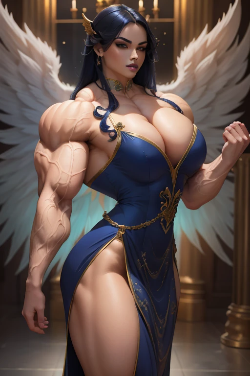 (Close-up), tall, (royal blue hair) beautiful muscular woman, long curly wavy hair, pale white skinned, closed smile, (black lipstick), ((massive muscles)), (hyper muscle), ((ginormous bulky muscles)), (glowing white eyes), (sparkling royal blue cheongsam dress, long skirt), (giant angel wings), gauntlets, choker, thigh high boots, (carrying winds/gust in the Sky)