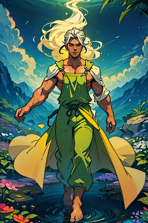 Full body image of a large, defined man, radiating a serene and welcoming aura. Your hair is of medium length, with silver threads that shine in the light, neatly tied into a bun on top of the head. Their eyes, of an intense silver tone, convey calm and understanding, as if he could see directly into the soul of whoever looked at him. He wears a pair of sturdy fabric gardening overalls., but comfortably adjusted to your body, denoting an uncomplicated and functional style. About the jumpsuit, heavenly veils float, in shades of green and yellow, that move gracefully with the breeze, as if they were an extension of your own essence. These veils, in addition to decorating, seem to emanate a soft glow, giving it an almost ethereal appearance. bare feet Your presence is enchanting, capable of bringing comfort and enchantment to those around you. With each movement, there's a touch of silver magic, reflecting your inherent power. He can make small objects levitate, or create patterns of silver light in the air with a simple gesture, a reflection of your gifts and your deep connection with the silver element. Your voice is calm and melodious, always full of understanding and empathy, easily gaining the trust and respect of everyone who meets him.