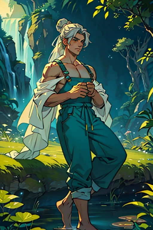 Full body image of a large, defined man, radiating a serene and welcoming aura. Your hair is of medium length, with silver threads that shine in the light, neatly tied into a bun on top of the head. Their eyes, of an intense silver tone, convey calm and understanding, as if he could see directly into the soul of whoever looked at him. He wears a pair of sturdy fabric gardening overalls., but comfortably adjusted to your body, denoting an uncomplicated and functional style. About the jumpsuit, heavenly veils float, in shades of green and yellow, that move gracefully with the breeze, as if they were an extension of your own essence. These veils, in addition to decorating, seem to emanate a soft glow, giving it an almost ethereal appearance. bare feet Your presence is enchanting, capable of bringing comfort and enchantment to those around you. With each movement, there's a touch of silver magic, reflecting your inherent power. He can make small objects levitate, or create patterns of silver light in the air with a simple gesture, a reflection of your gifts and your deep connection with the silver element. Your voice is calm and melodious, always full of understanding and empathy, easily gaining the trust and respect of everyone who meets him.