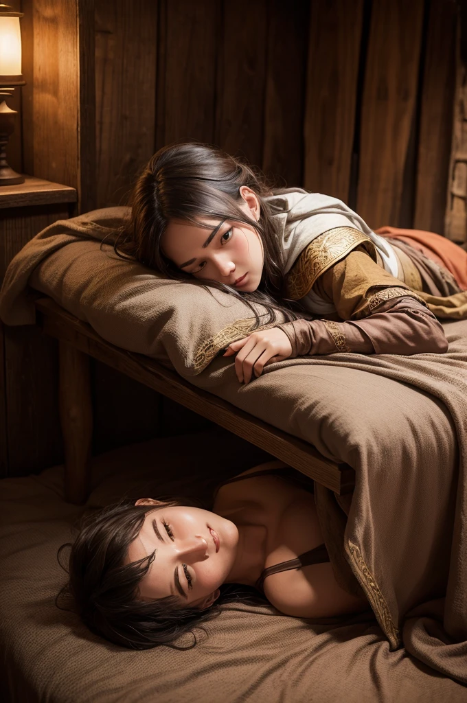 Create a photo of someone weakened in a medieval bed 