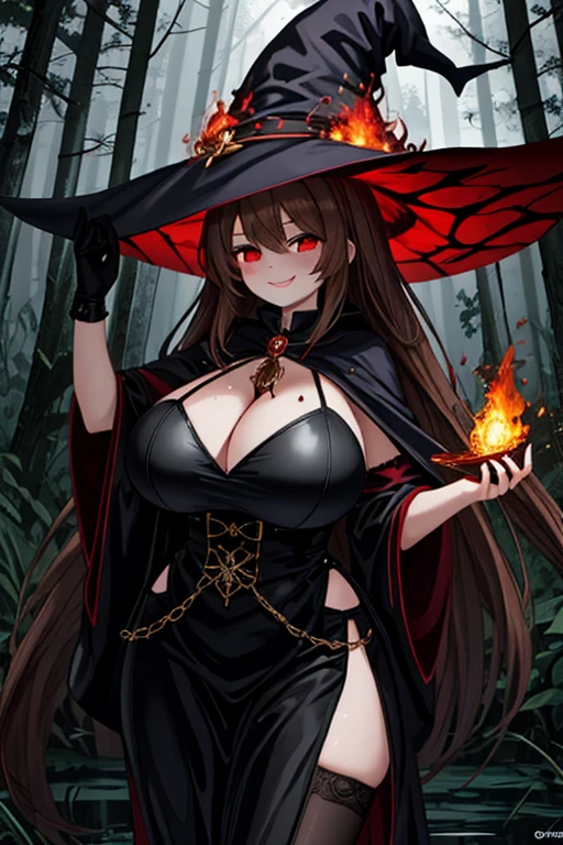A Beautiful and Tall Girl, with Long Light-Brown Hair, Pretty Red Eyes, Gigantic Breasts, and an Incredibly Curvy Figure. Wearing a Pyromancer Outfit, with a Red and Black Color scheme and accents of Gold, as well as a Worn and Slightly Burnt Black Witch Hat. She is close to the camera and strikes a Mischievous Grin, The background is a Mysterious Forest with a slightly eerie swampyness to it.
