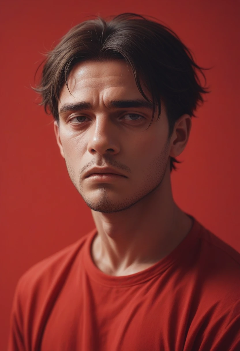A Bangladeshi boy. Blind folded by red clothes. With sorrow ful look. Dakr red background