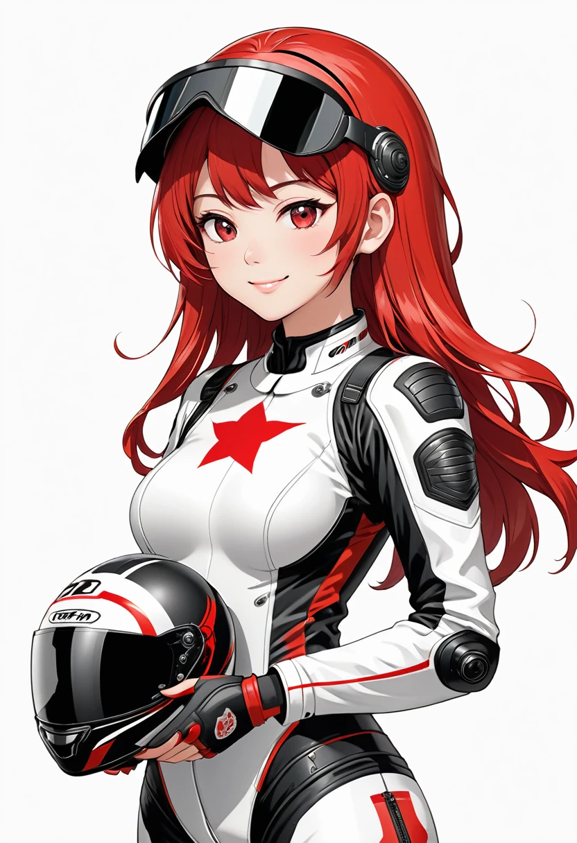 stands right in front of the camera, smiling, one hand on waist, only the girl in the picture, ((there is no helmet on the head)), white background, detailed CG unit, Masterpiece, high resolution, (((from side))), (((motorcycle helmet in hand))), (((behind the girl monotone background))), (((Japanese style motorcycle suit))), helmet red color, ((1 girl)), (surreal, digital painting), photo from the waist up, (((motorcycle suit includes red, white and black color))), girl looking at the camera, holding the motorcycle helmet in her hand, Japanese moto theme, detailed CG unit, Masterpiece, high resolution, highest quality, all in japanese style, the girl has red hair