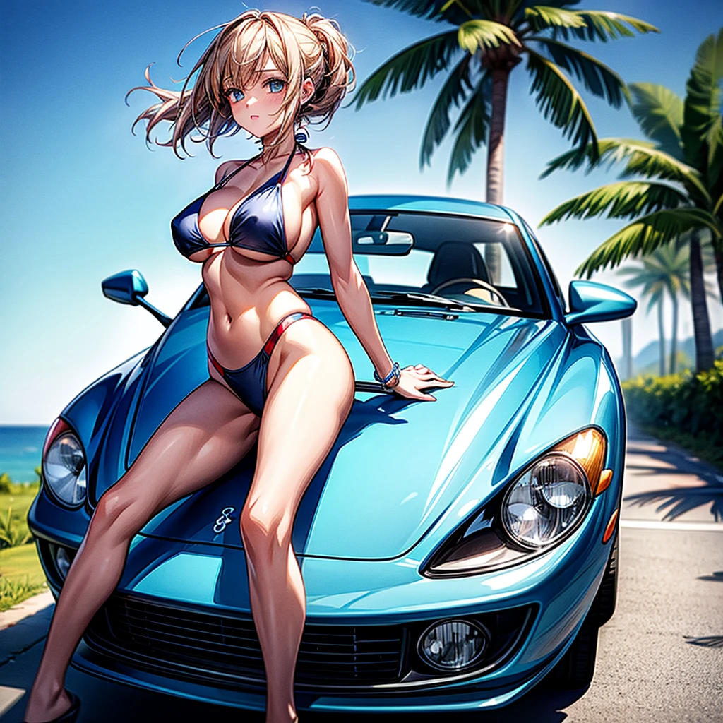 Masterpiece, Best Quality, High Quality, CG, 8K, Bikini swimsuit woman standing on car bonnet playing electric guitar, anime style