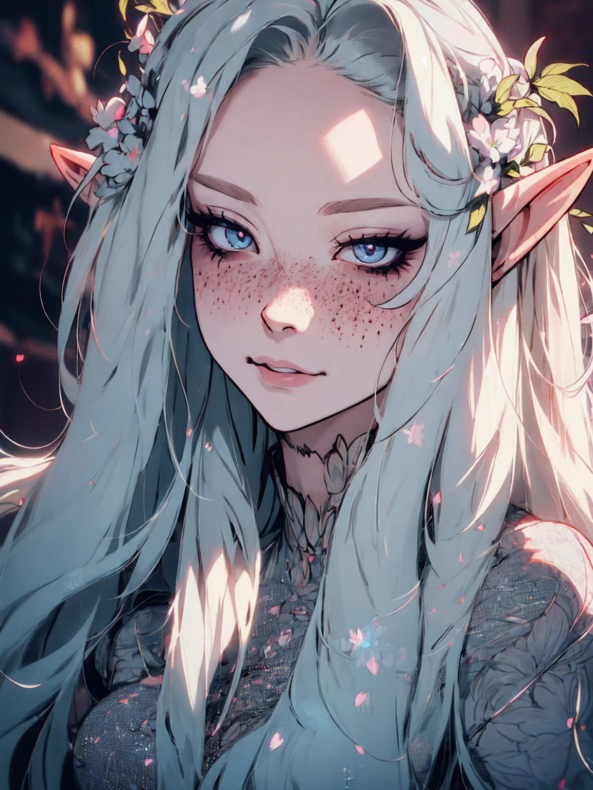 hyper-realistic of a mysterious woman with flowing white hair, ears of elf, freckles, piercing opal eyes, and a delicate floral crown, delicate smile, upper body