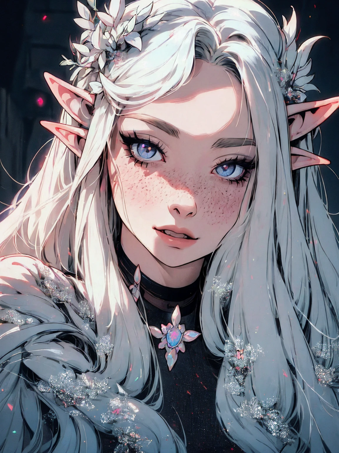 hyper-realistic of a mysterious woman with flowing white hair, ears of elf, freckles, piercing opal eyes, and a delicate floral crown, delicate smile, upper body