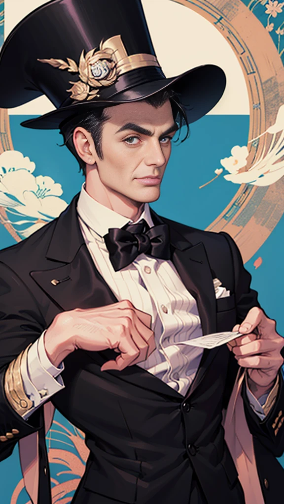 Tarot Card,1boy, male focus, facial hair, solo, beard, tarot, smoking pipe, shirt, black hair, jacket, hair slicked back, smoking, holding, brown jacket, upper body, art nouveau, art by alphonse mucha