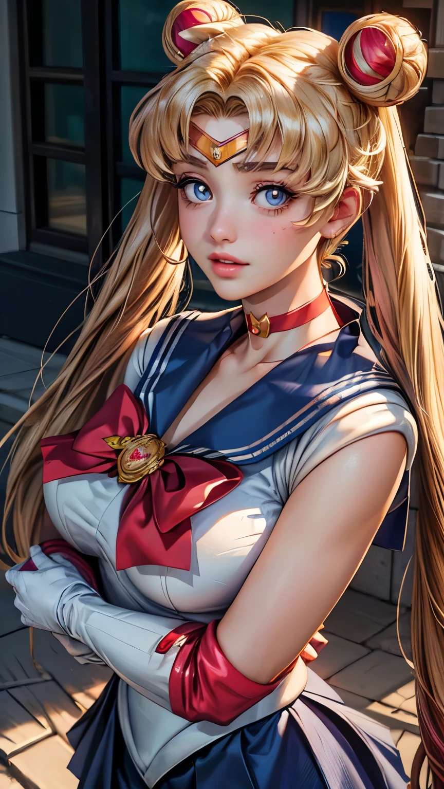 (masterpiece, best quality:1.2), (realistic, photo-realistic:1.4), RAW photo, high resolution, extremely detailed, intricate details, realistic and sharp details, cinematic lighting, portrait, frontal photography, (sailor moon, tsukino usagi, aausagi), solo, 1girl, a woman, cute face, baby face, (wearing a sailor senshi uniform:1.2), (seductive pose:1.2), (huge breasts, round breasts:1.5), (long hair, blonde hair, double bun, twintails:1.6), (elbow-gloves, white-gloves, darkblue-collar, lowcut-skirt, short skirt, darkblue-miniskirt, circlet, red-choker, jewelry, red-bowtie, red-boots:1.5), (detailed face, detailed eyes, beautiful pupils, sophisticated nose), pale skin, fine-textured skin,
photo background, outdoors, sidewalk, daytime,